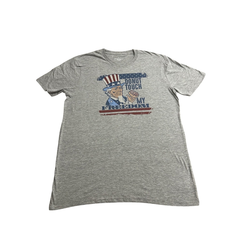 Graphic Tee Women L Gray Excellent Donut Touch My Freedom Uncle Sam NWT - Picture 2 of 7